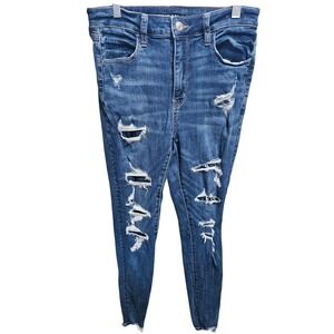 American Eagle Distressed Denim Jeans Dark Wash Ripped Raw Hem 8L